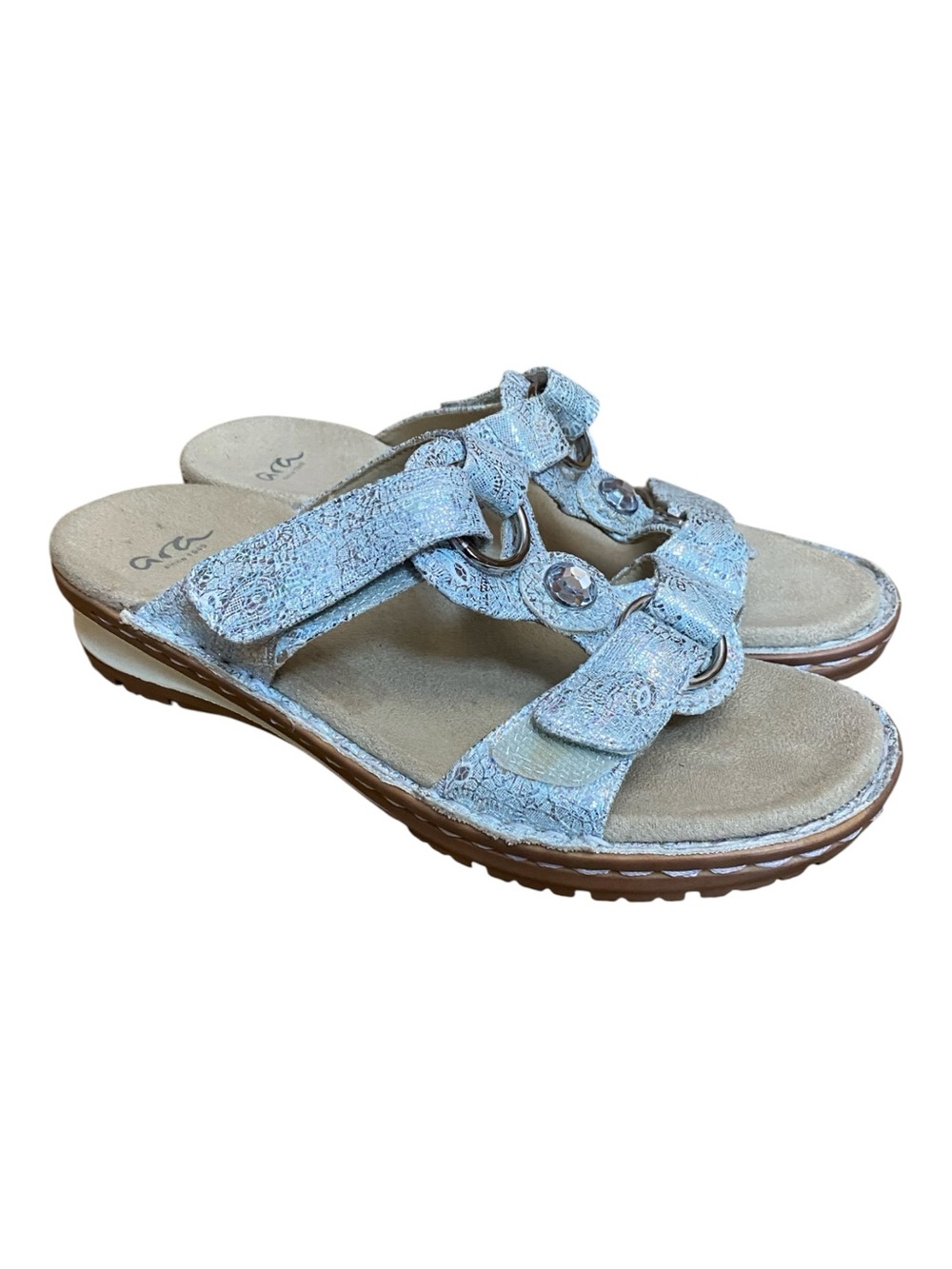 Ara Womens Leather Slide Sandals Silver Open Toe Wedge Shoes EU 37 (US 7)